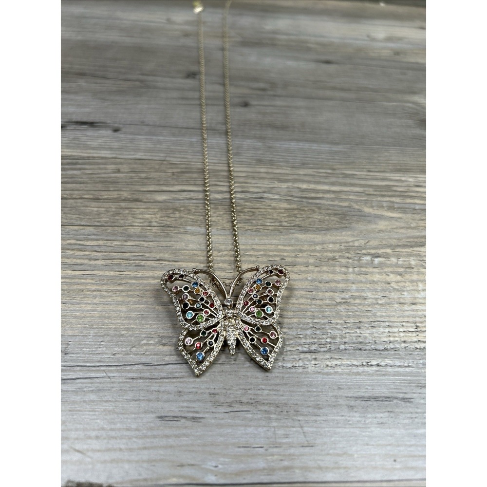 Goldtone Colorful Rhinestone Butterfly‎ Pin Pendant Necklace